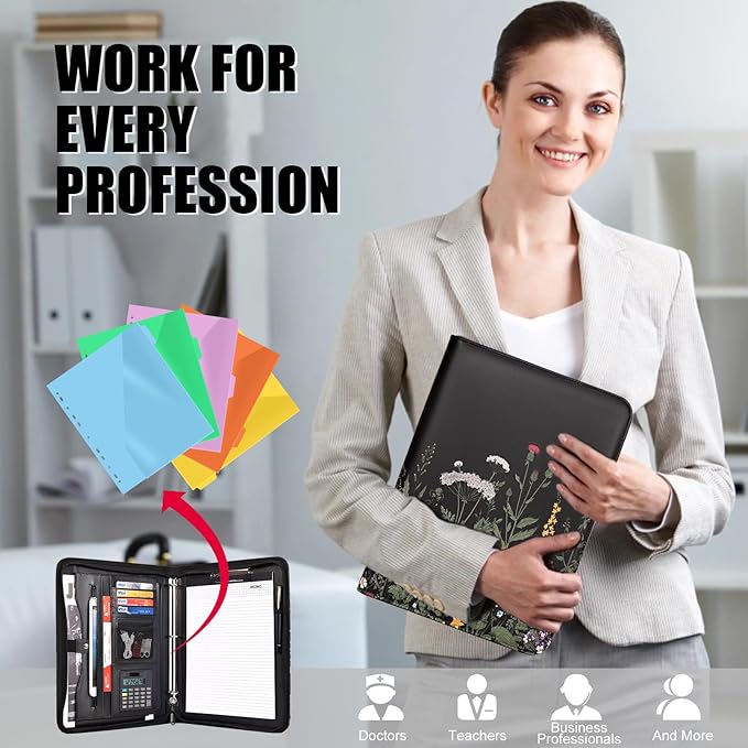 Eshow Portfolio Organizer - 3 Ring Binder with Zipper, Vegan Leather Business Padfolio Folder with Notepad Includes 5 Colorful Sheet Protectors for Documents Files for Women