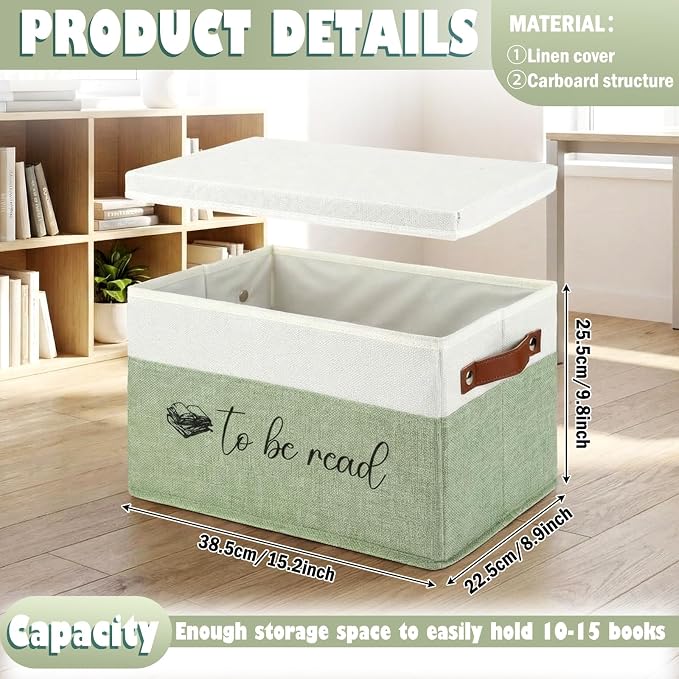 Marsui Book Lover Gifts TBR Book Storage Basket with Lids to Be Read List Storage Bin Bookish Accessories Bookworm Gift for Club Members Student Teacher Reading Accessories(White and Green)