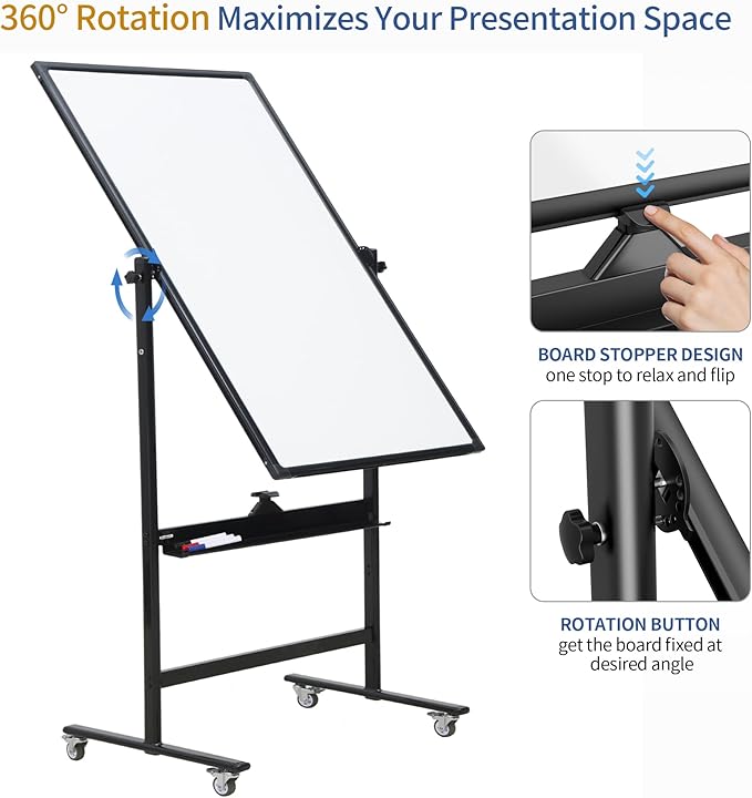 40" x 28" Double-Sided Mobile Whiteboard with Wheels | Rolling Magnetic Dry Erase Board on Stand | Adjustable Height Black Frame White Board for Office, Classroom & Home