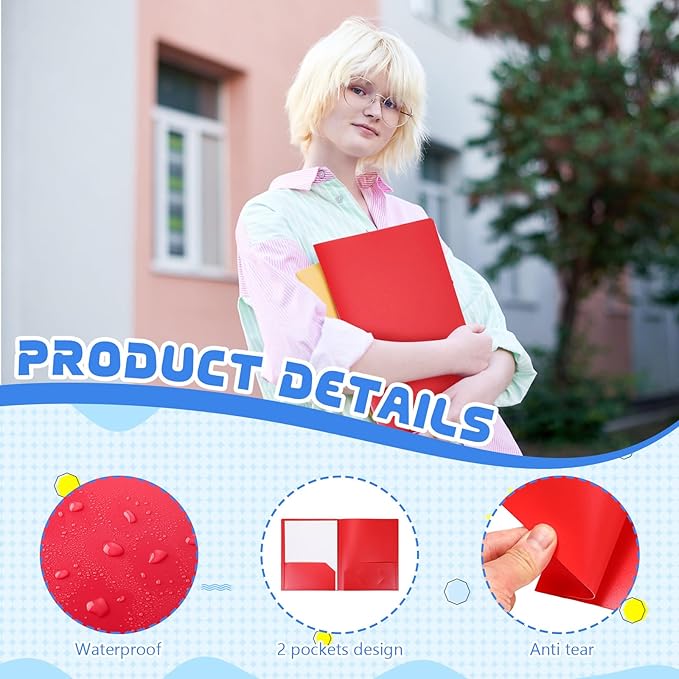 24 Pcs Red Heavy Duty Plastic Folders 2 Pocket File Folder Fit Letter Size for Home Office School Communication Presentation Report Sheet Protectors (Red)