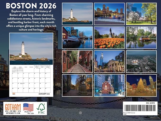 Boston Calendar 2026 Wall 12 Month Monthly MA Scenic Souvenirs Bostonian Themed Gifts | American Made In The USA