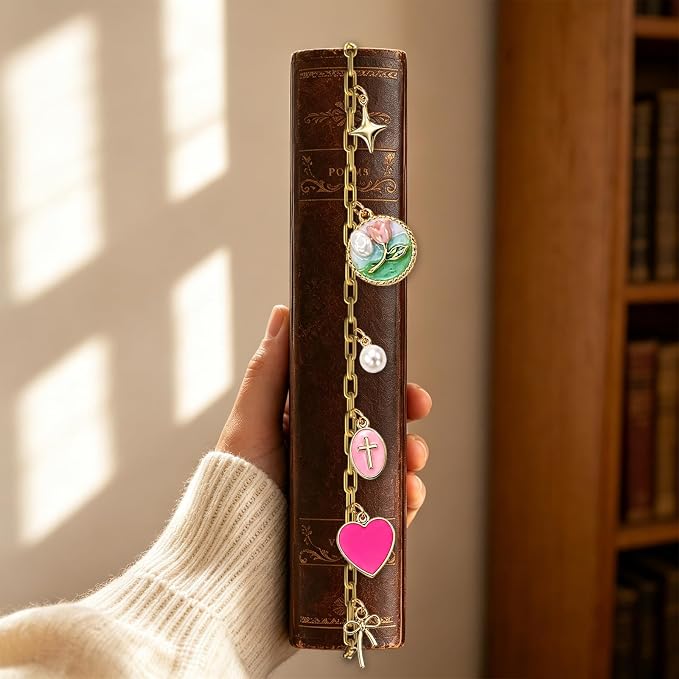 Vintage Pearl Star Bow Bible Charm Chain - Christian Biblebook Accessory Faith Gift, Scripture Bookmark Decor for Bible Spine Edge, Religious Charms for Book Lovers