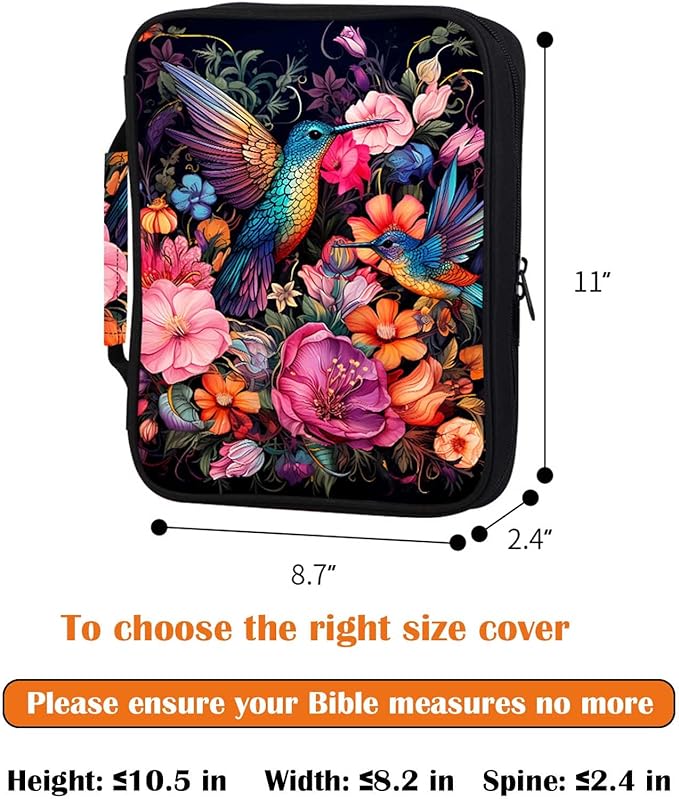 Hummingbird Floral Bible Cover for Women | Bird Scripture Case with Zipper and Handle | Large Polyester Bible Bag with Pockets for Church, Study & Travel | Christian Gifts for Women