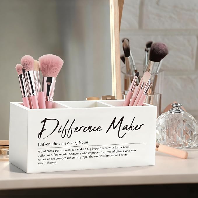 Difference Maker Gift Pen Pencil Holder, Appreciation Gifts for Coworkers Leaders Teachers Wood Desk Organizer and Accessories, Difference Maker Makeup Brush Holder Organizer for Bathroom Vanity