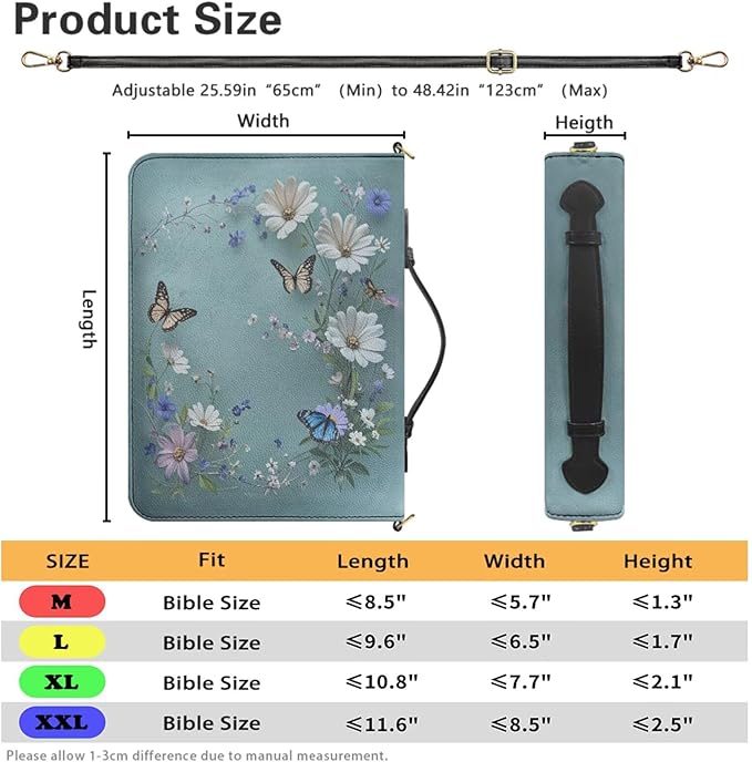 Large Bible Covers for Women, Blue Bible Case with Strap and Handle, Butterflies and Daisies Print PU Leather Biblia Protecto with Inner Pockets and Pen Loop, Christian Gifts for Women