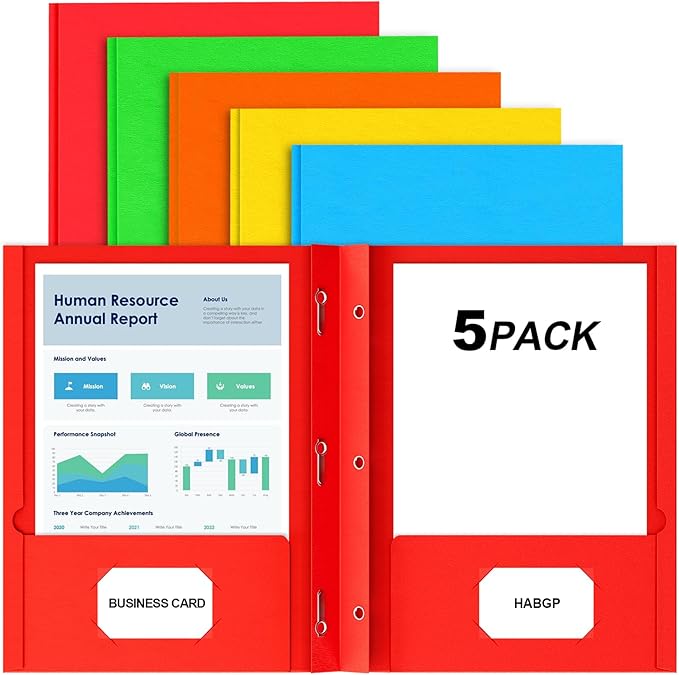 HABGP Two Pocket Folders with Prongs, 5 Pack Paper Folders with Pockets and 3 Prongs Fit Letter Size Paper, for Organizing Files in School, Office & Business (Assorted 5 Colors)