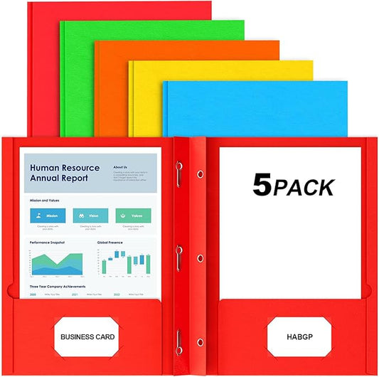 HABGP Two Pocket Folders with Prongs, 5 Pack Paper Folders with Pockets and 3 Prongs Fit Letter Size Paper, for Organizing Files in School, Office & Business (Assorted 5 Colors)