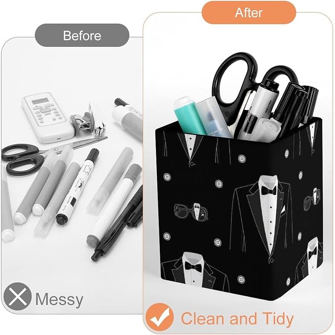 Holder Cup Makeup Brush Storage Organizer, Waterproof Multifunctional Office Supplies, Pen Holder Square Leather Pencil Black Tuxedo