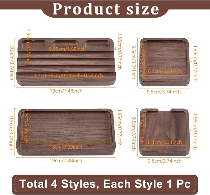 4Pcs Wooden Desk Organizer Tray with Pen Holder, Men Valet Tray | Walnut Wood Pencil Holder Minimalist Desk Accessories, Office Supplies, Stationery Pen Key Wallet Catchall Trays