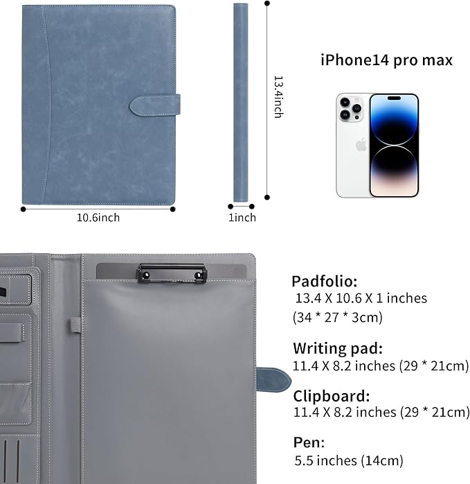 Wason Portfolio Padfolio A4 Leather PU Folder File Document Holder Case with Writing Pad Removable Clipboard Card Stationary Case Phone Tablet Stand for Organizer Office Travel School (Blue)
