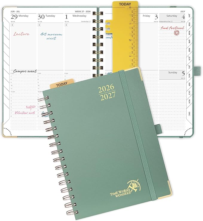 POPRUN 2026-2027 Academic Year Weekly and Monthly Planner Calendar,Jul 2026 - Jun 2027，6.25" x 8.5",Daily Agenda Book & Appointment Book with Hourly Schedule, Tabs, Hardcover, School and Office Supplies - Midnight Green
