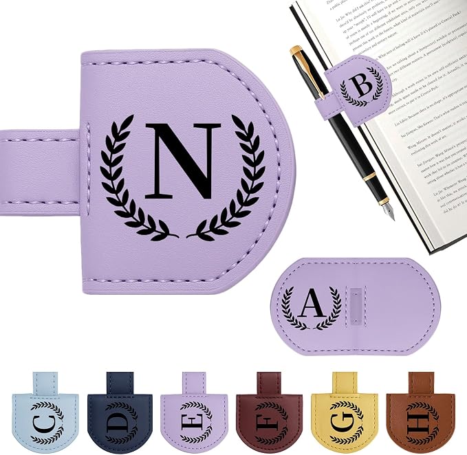 Personalized Magnetic Bookmark Pen Holder, Leather Book Marks for Reading Women& Men, Engraving 26 Letters Name Initial Bookmarks with Pencil Pen Holder, Gift for Book Lovers, Readers (Purple, N)