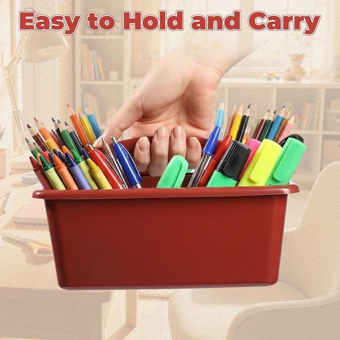 Kathfly 8 Pack Classroom Caddy Organizer with Handle, Plastic Art Craft Cleaning Caddy Bulk, Small Multipurpose Supply Organization Storage Basket for Table Desk Office Pencil Teacher (Deep Color)