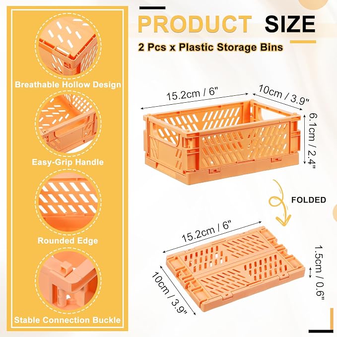 uxcell 2Pcs Small Plastic Storage Baskets, 6 x 3.9 x 2.4 Stackable Foldable Storage Bins with Handles Collapsible Crates for Home Office Shelves Closet Books Organizing, Light Orange