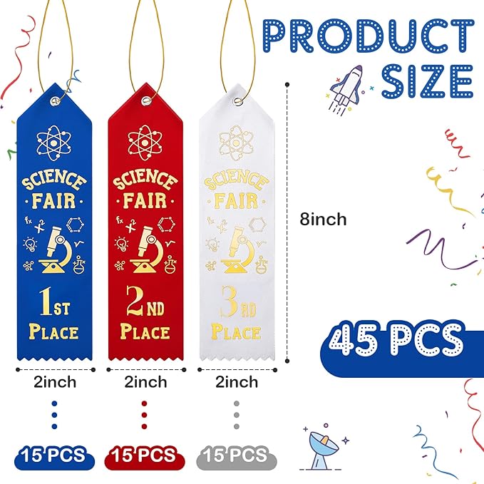 45 Pcs Science Fair Award Ribbons 1st, 2nd, 3rd Place Participation Prize Winner Recognition Ribbons with Event Card and Rope for Competition Sports Event Contest Prize Ornaments