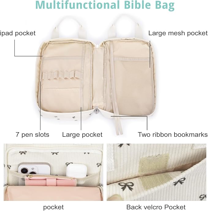 Bible Cover for Women, Bible Case,Carrying Bible Bag Scripture Case Church Bag Bible Protective with Font & Back Zippered Pocket
