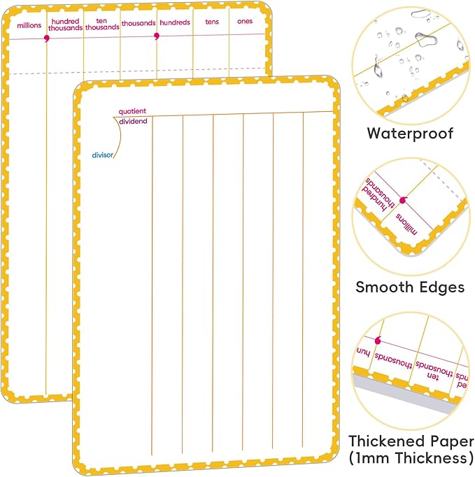 10 Packs Division Whiteboards, Dual-Sided Erasable Design - One Side for Division, The Other for Addition, Subtraction & Multiplication, Ideal Mathematical Teaching Aid for Classroom and Home Use