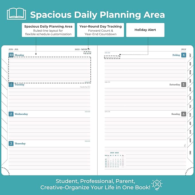 Weekly Monthly 2025-2026 Planner (July 25-Dec 26),11.5"x8.5",18 Months Agenda Plan with Month Tabs & Pocket,Expenses/Note Pages, Academic Calendar with Vegan Leather Cover,Light Blue