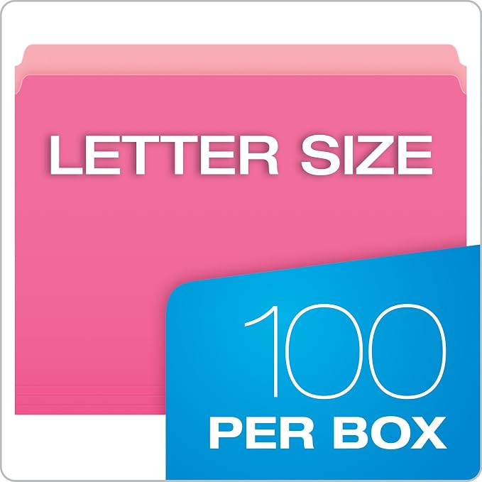 Pendaflex 152PIN Colored File Folders, Straight Cut, Top Tab, Letter, Pink/Light Pink, Box of 100 (Pack of 5)
