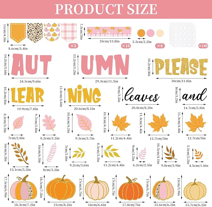 JarThenaAMCS 78Pcs Fall Thanksgiving Classroom Bulletin Board Decorations Pink Orange Pumpkin Maple Leaf Cutouts for Autumn Harvest Party Supplies School Chalkboard Wall Decor