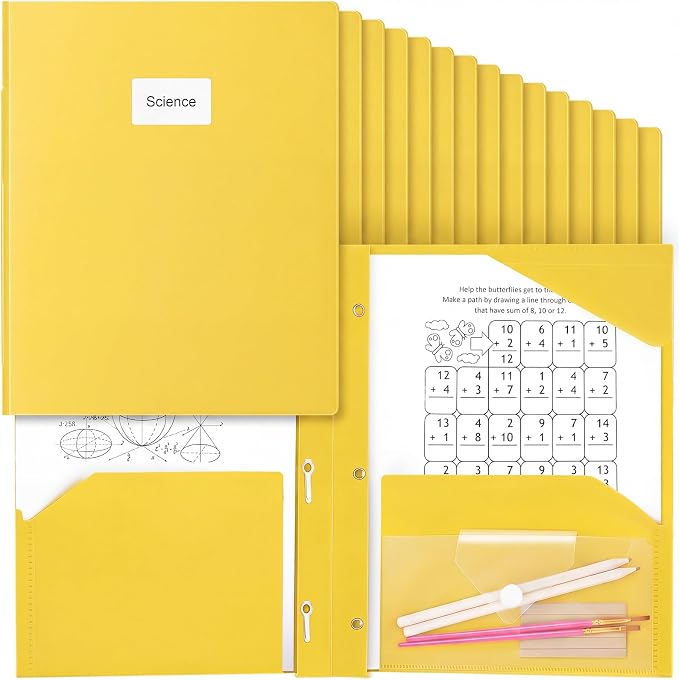 Kosiz 24 Pcs 2 Pocket Folders with Prongs, Paper Folders with 2 Pockets and 3 Prongs Fit Letter Size Paper, Back to School File Document Organizer for School Office Home Supplies (Yellow)