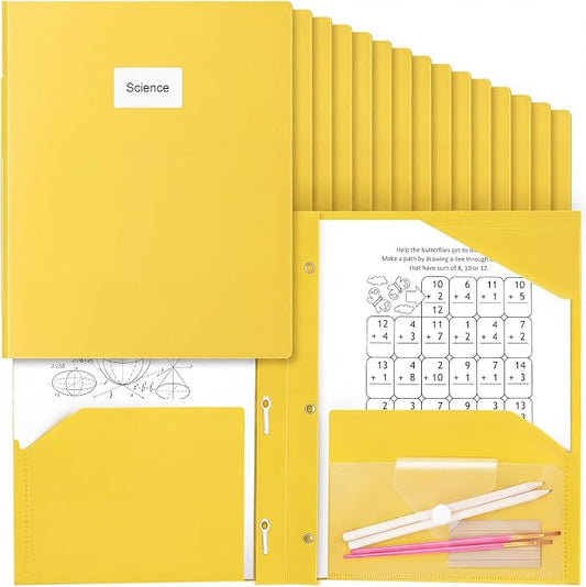 Kosiz 24 Pcs 2 Pocket Folders with Prongs, Paper Folders with 2 Pockets and 3 Prongs Fit Letter Size Paper, Back to School File Document Organizer for School Office Home Supplies (Yellow)