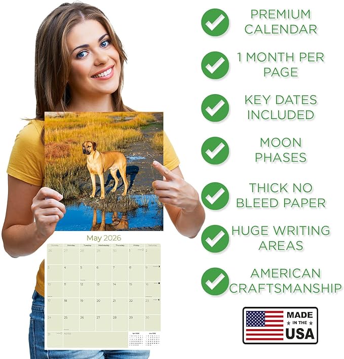Rhodesian Ridgeback Calendar 2026 by MegaCalendars – Monthly Dog Breed Wall Calendar, Made in USA