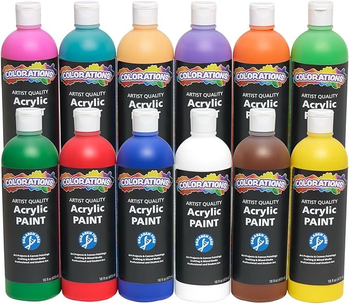Colorations Artist Quality Acrylic Paint.12 Vibrant Colors.16 oz (473ml) - Made in United States, Paraben-Free, Non-Toxic, Acrylic Paint for Adults and Kids
