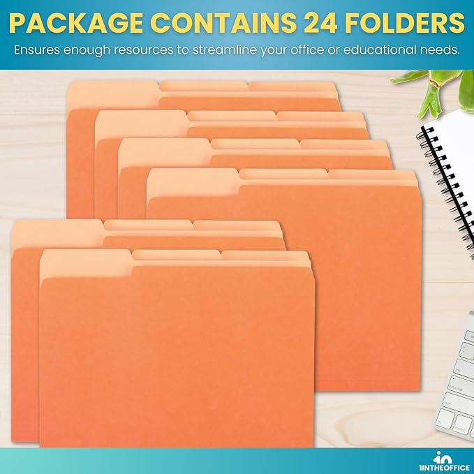 1InTheOffice Orange File Folder, Durable Folder, File Folder Letter Size, 1/3 Cut Assorted Tab, 24 pcs (24)