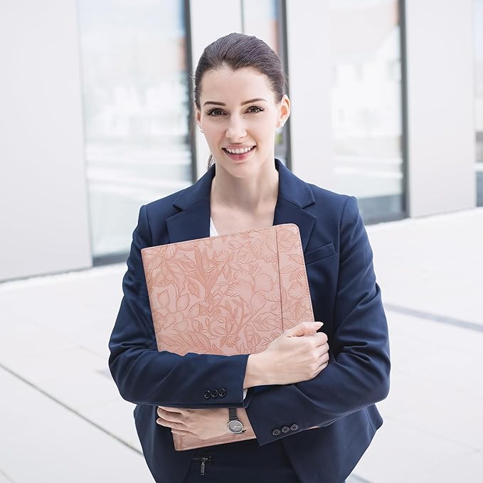 Pink PU Embossed Leather Padfolio for Women, A4 Document Holder with Zipper, Cheque and Legal Notepad Holder, Interview Binder for Women, Work Portfolio Organizer, Personalized Portfolios for Girls