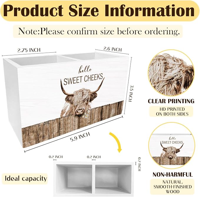 Farmhouse Highland Cow Pen Pencil Holder for Desk, Highland Cow Gifts for Women, Hello Sweet Cheeks Heifer Wooden Makeup Brush Toothbrush Holder Organizer for Vanity Bathroom