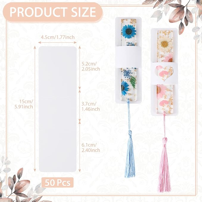 Fumete 50 Pieces Resin Bookmark Holder 5.9 x 1.8 Inches Kraft Bookmark Sleeves DIY Bookmarks Display Cards for Bookmark Wrapping Small Business Packaging Supplies Party Favor Gift (White, Cute)