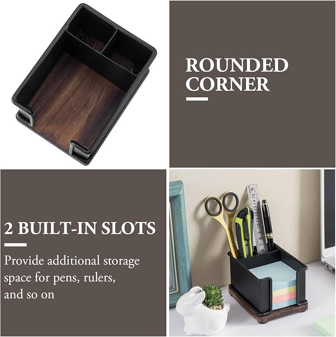 MyGift Modern Industrial Matte Black Metal Office Stationery Organizer with Sticky Note Holder, 2 Pen Storage Compartments and Rustic Burnt Solid Wood Base