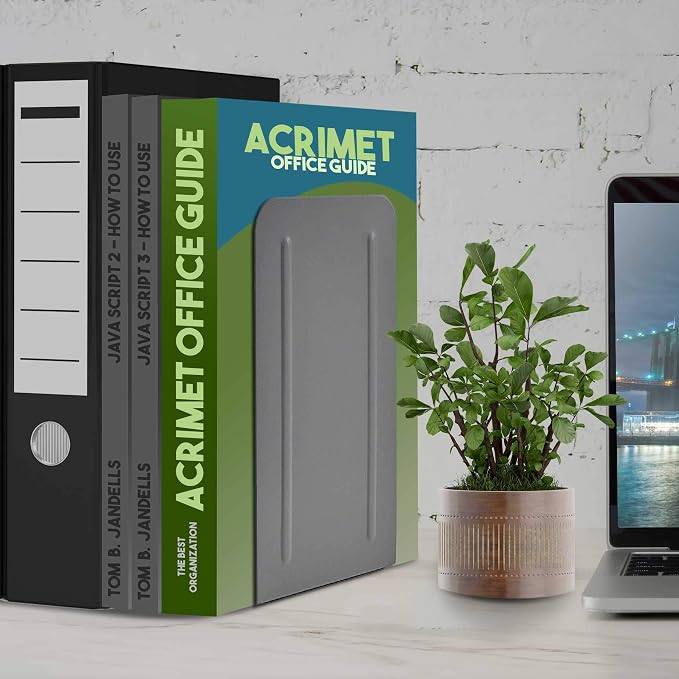 Acrimet Bookends for Shelves, Heavy Duty Steel Metal Book Ends, Non-Skid Book Stopper, Book Storage Holder for Home, Library, Jumbo Large Size 9" H x 4" W x 4 1/2" D, (Silver) (1 Pair / 2 Pieces)