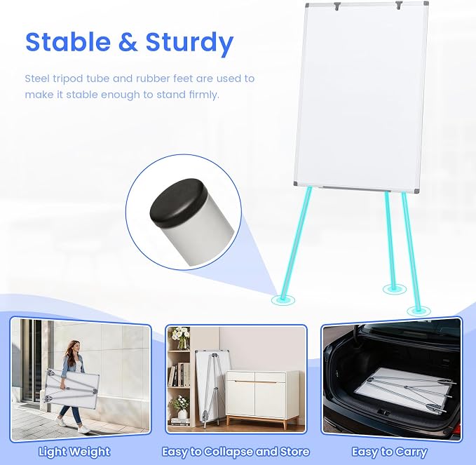 MAKELLO White Board with Stand, Portable Whiteboard Easel 40x28 in for Office Classroom Home School, Adjustable Height, Aluminum Frame