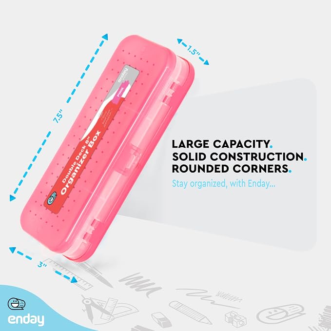 Enday Pencil Box Pink, Plastic Double Deck Pencil Case with 7 Compartments, Box Organizer with Snap Closure for Home and Office