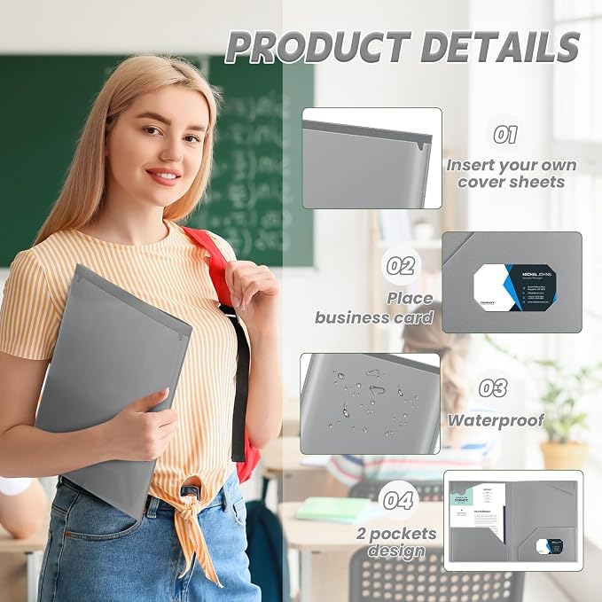 Henoyso 36 Pack Dark Gray Plastic Folders with Clear Front Pockets Heavy Duty File Folders with 2 Pockets and Card Slot for Student Communication School Office Presentation Report