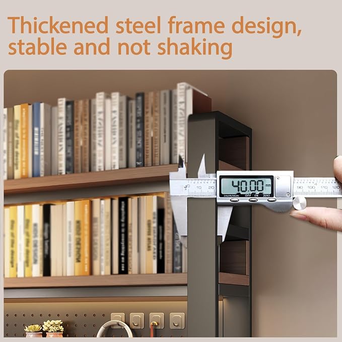 Desk Shelf Organizer for Top of Desk – Desktop Bookshelf with Pegboard & Storage Accessories, Adjustable Hutch for Dorm or Office, Steel Frame Display S Black frame + dark brown board 53.1*9.8*36.6in