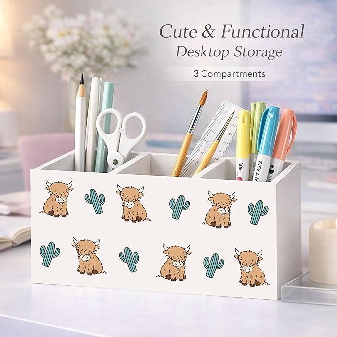 Highland Cow and Cactus Wooden Desk Organizer, Cute Cow Design Pen Pencil Holder with 3 Compartments, Decorative Office Supply Storage Box for Desk, Home, Office, Gift for Animal Lovers