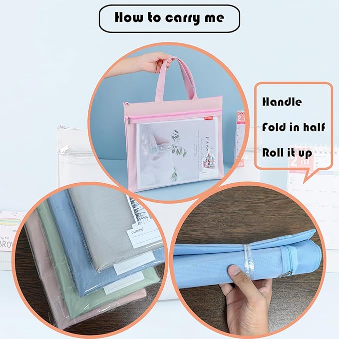 Mesh Zipper Pouch 11x13.7 in, A4 Double Pocket Waterproof File Bag with Handle, Document Storage for School/Travel/Office/Puzzle (Blue, 2pcs)