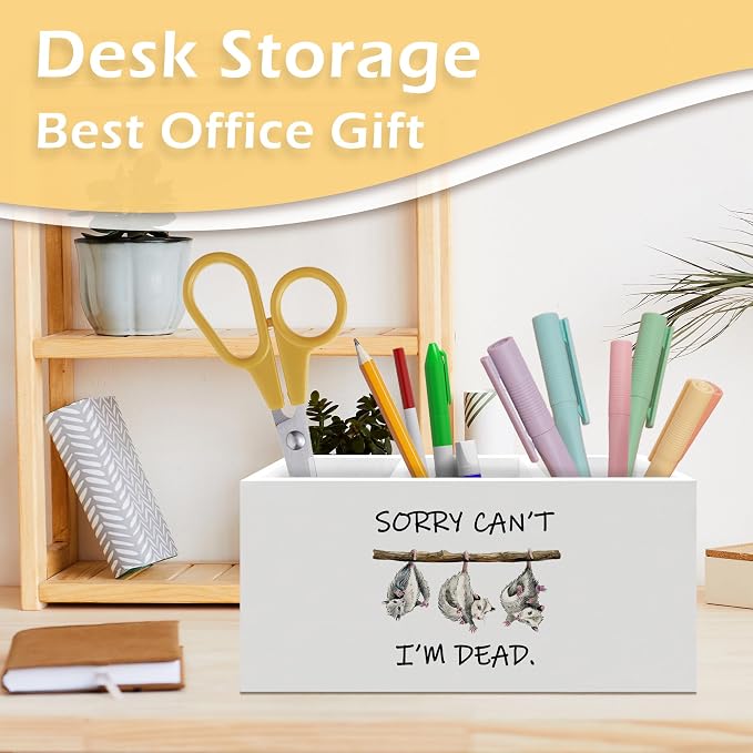 Funny Opossum Pen Pencil Holder, Sarcastic Humorous Gifts for Women Men, Funny Desk Accessories, Sorry Can't I'm Dead Wooden Pen Pencil Organizer for Office Home Desk Decor
