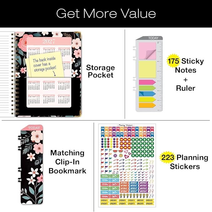 HARDCOVER Academic Year 2026-2027 Planner: 14 Months (May 2026 Through June 2027) 8.5"x 11" Daily Weekly Monthly Planner Yearly Agenda. Bookmark, Pocket Folder and Sticky Note Set (Black Floral Pink)
