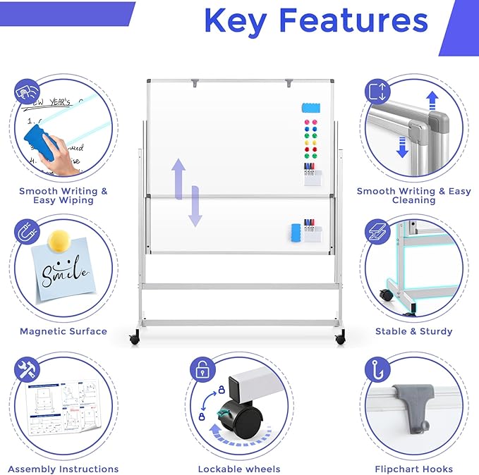 MAKELLO Rolling Whiteboard 60"x48", Large Magnetic Mobile White Board on Wheels, Double-Sided Dry Erase Board for Home Office School, Height Adjustable, 5'x4'
