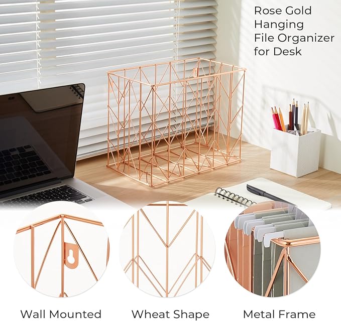 Y YOMA Hanging File Organizer, Letter Size Rose Gold Metal Desk File Crate Storage Basket for Home Office, 1 Pack