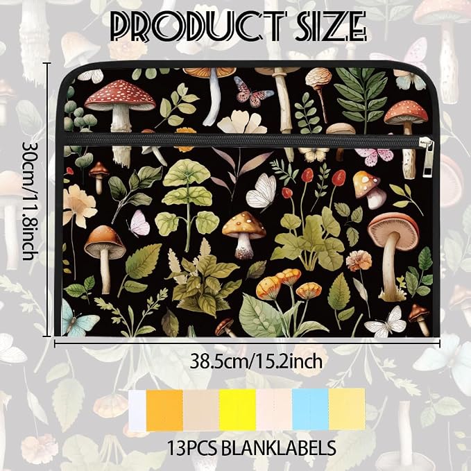 WEBEEDY Mushroom Botanical Expanding File Folder 13 Pockets Butterfly Plants Accordion Folder with Labels and Zipper, Waterproof Portable Expandable File Organizer for A4 Paper Photo Letter Receipt