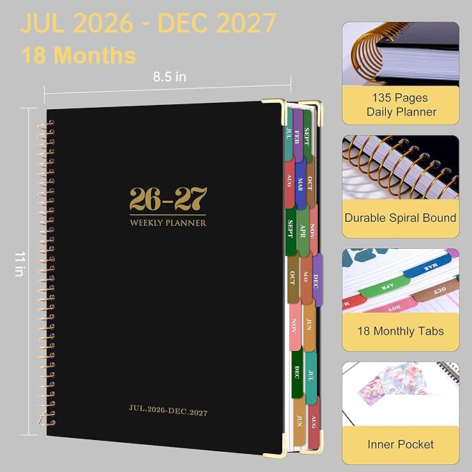 Yoment Planner 2026-2027 Weekly and Monthly 8.5"x11" Large Hardcover Planner from Jul 2026 - Dec 2027 18 Months Calendar Planners for Women Men Yearly Agenda Daily Weekly Planning with Tabs, Black