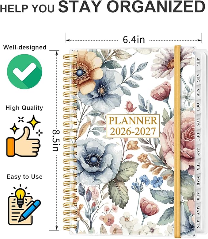 Academic Planner 2026-2027 - Weekly & Monthly Planner from July 2026 to June 2027, Agenda 2026 2027 with Inner Pocket, Elastic Band, 6.4" x 8.5", Colorful Large Flower