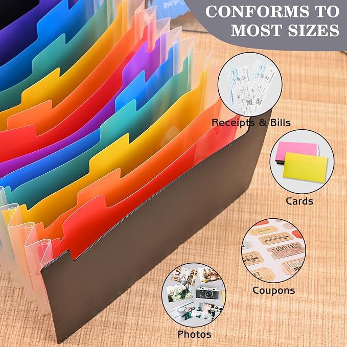 2Pcs Receipt Coupon Holder Organizer, 13 Pockets Small Accordian File Organizer, Expanding File Folder with Colorful Tabs, A6 Size for Cards, Check, Tickets, Monthly Bills Storage (Black)