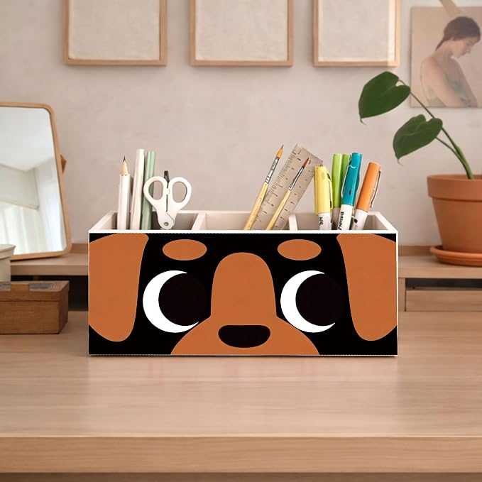 Dog Face 3-Compartment Desk Organizer, Wooden Pencil Holder for Pens, Pencils, Scissors, Ruler, Cute Dog-Themed Storage Box for Kids, Home & Office