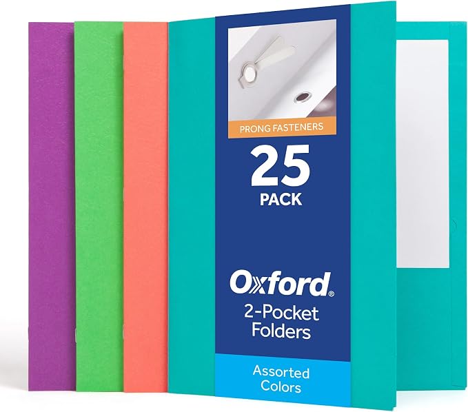 Oxford 2 Pocket Folders with Prongs, 25 Pack, Assorted Tropical Colors, Made in the USA, Fits 100 Letter Size (8.5" x 11") Sheets, Durable Paper Folders for School, Office, and Home